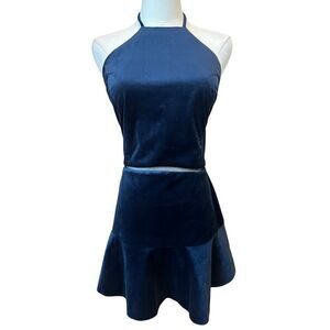 Karina Grimaldi Revolve Size Medium Blue Velvet Halter Mini Dress Office Siren